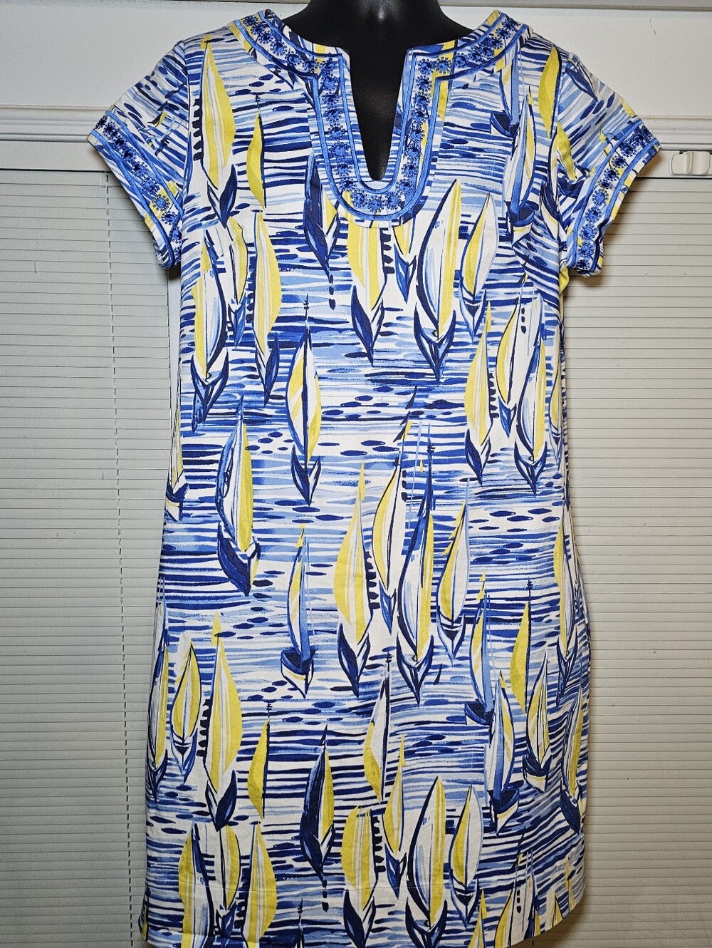 Pappagallo Women's Shift Dress Sz 14 Sailboat Abstract Print Lined